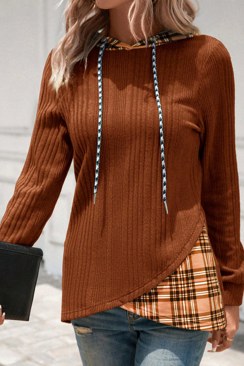 Plaid Patchwork Ribbed Knit Asymmetric Hem Hooded Top